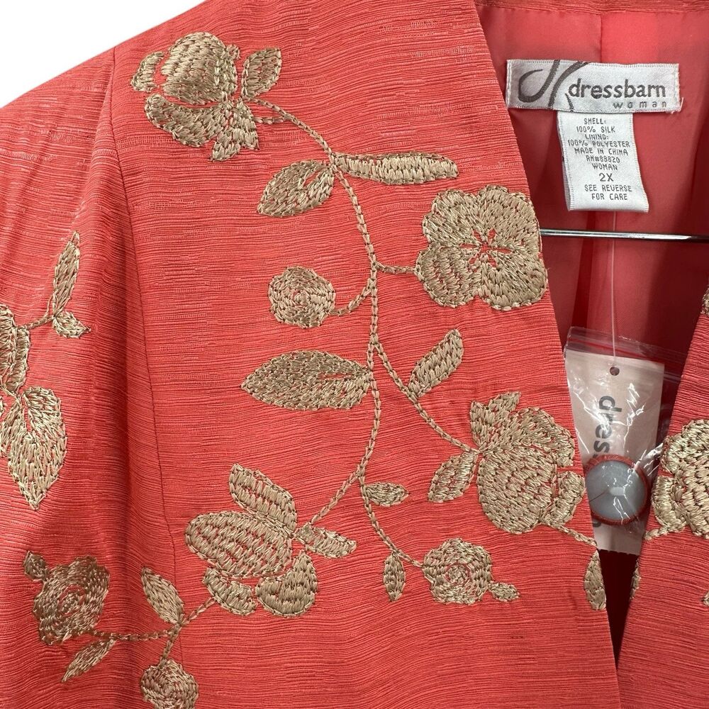 Dressbarn Jacket Blazer 2X 100% Silk Coral Embroiderd Statement Church Office - Picture 2 of 8